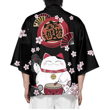 Kimono Pria Dewasa Fashion Women Men Black Lucky Cat Outer Kimono Top Jepang Harajuku Merah Beach Co