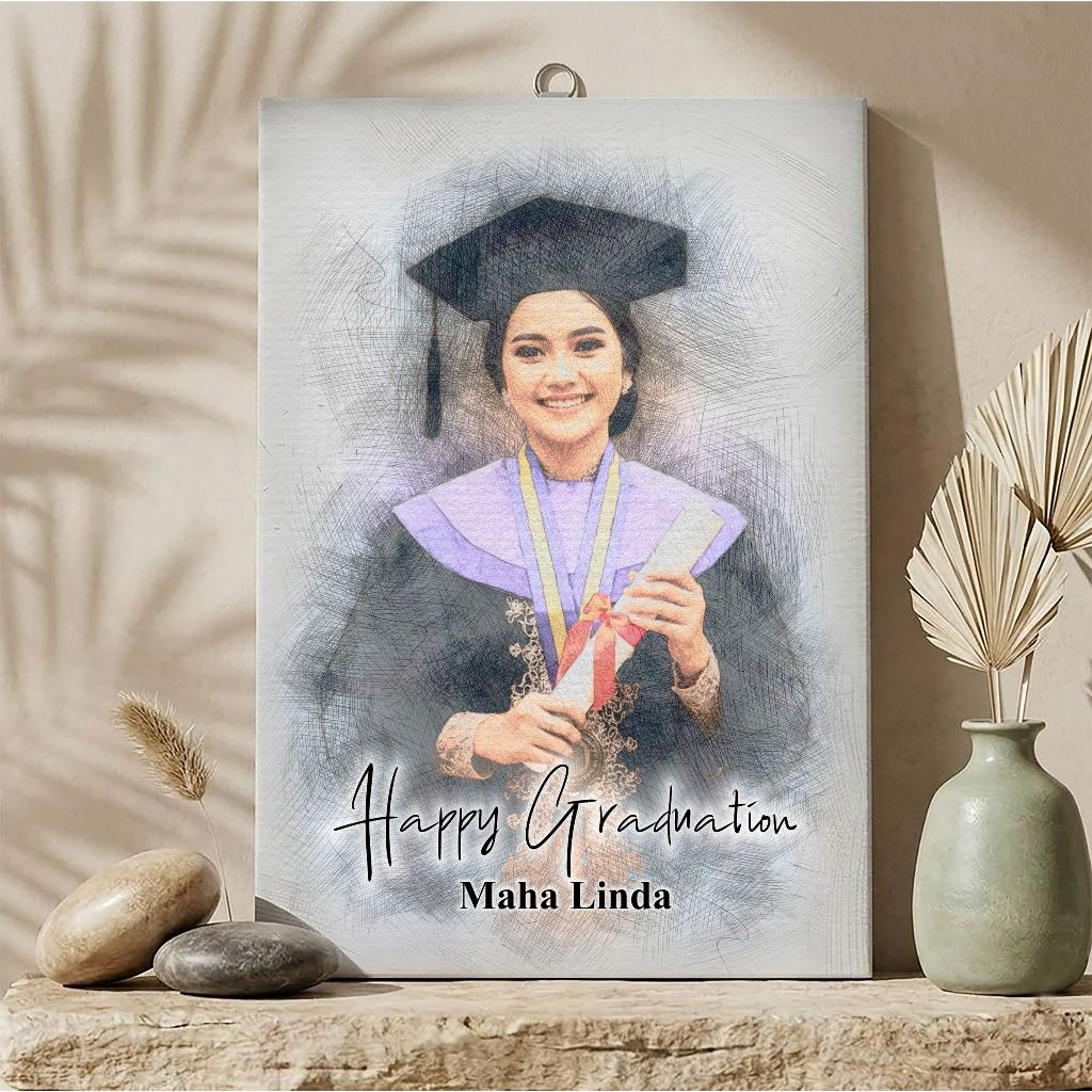 Kado Lukisan Sketsa Wisuda Custom - Free Frame, Desain Unik, Cocok untuk Ucapan Spesial Hadiah Wisud