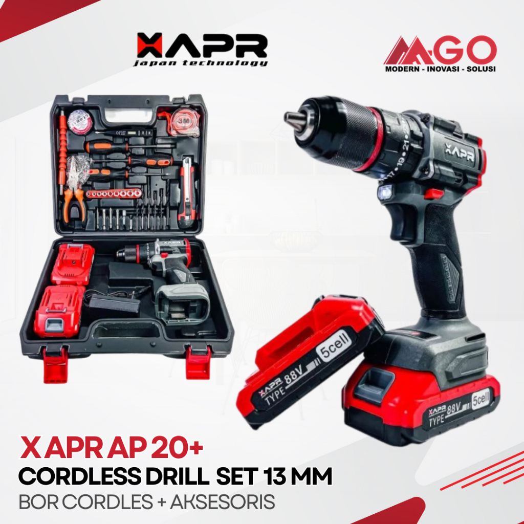 Bor Baterai XAPR AP20+ Brushless 13mm - Cordless Impact Drill Set Lengkap 2 Baterai LXT 88VF