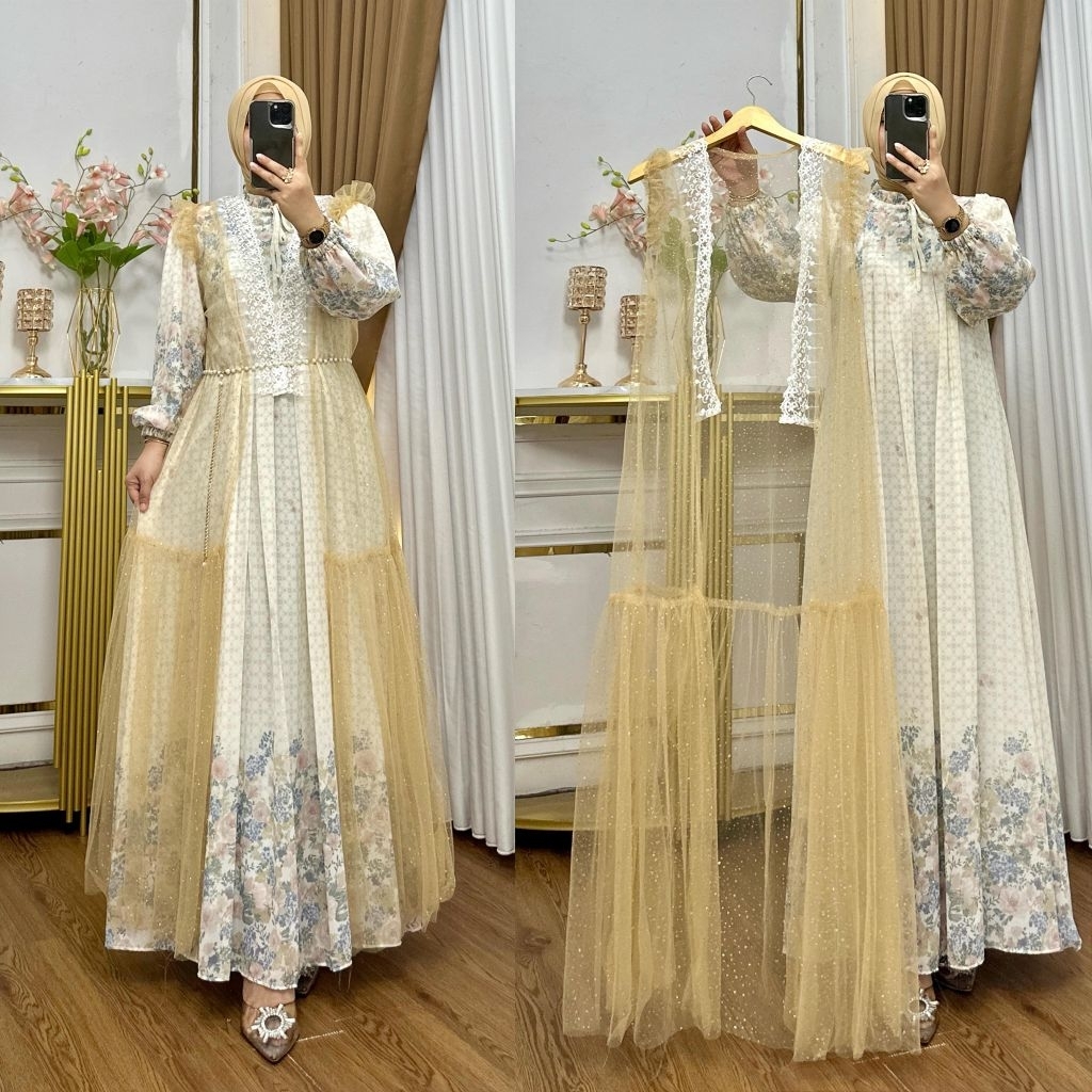 *LNSdress cantik outer terpisah gamis ceruty full puring inner tile glitter ld 110 pb 140 busui frie