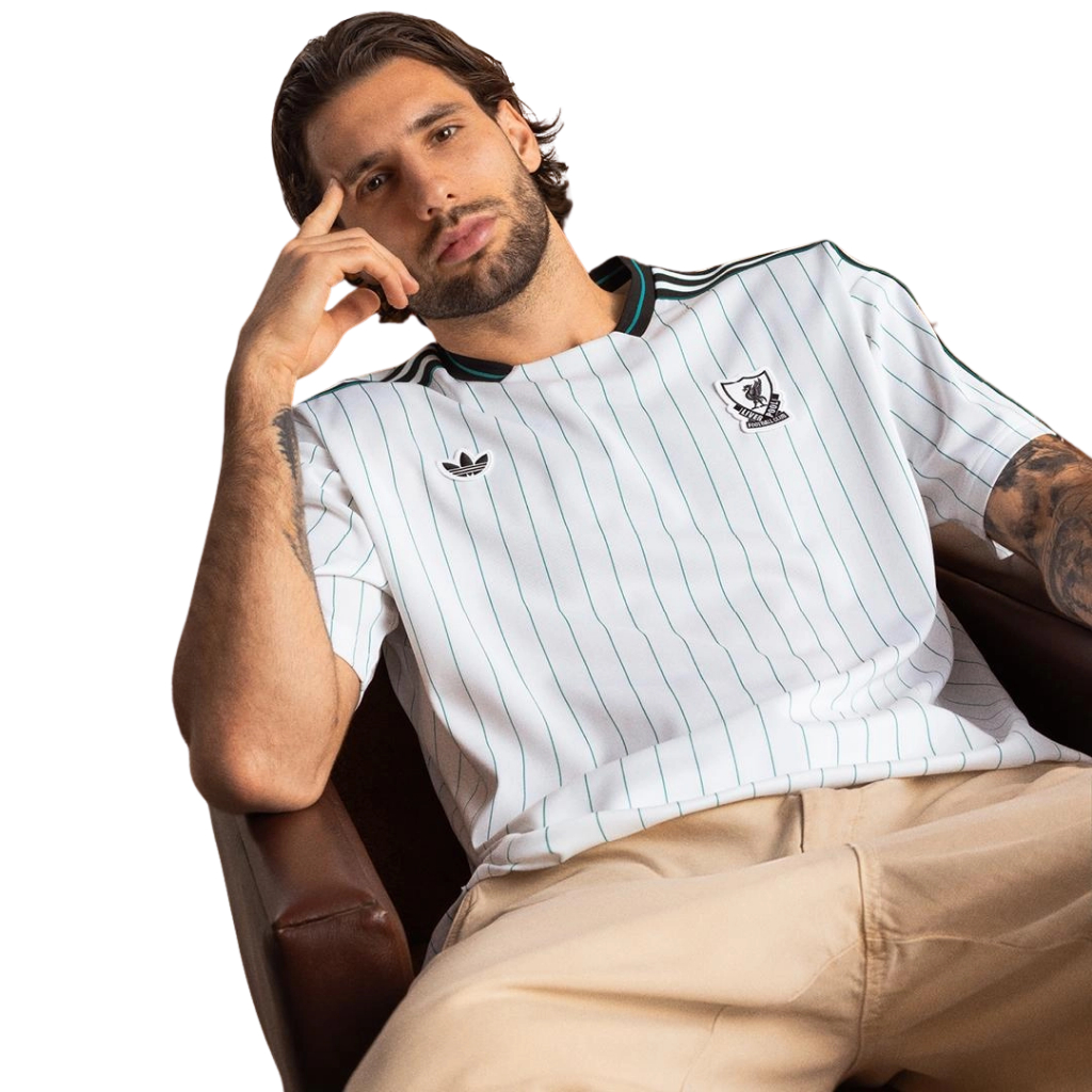 Kaos Jersey Icon Adds x Liverpool Putih Stripe Pria Wanita Premium
