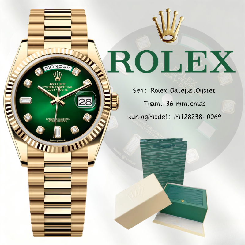 (100% Rolex Asli) Cash on Delivery Rolex asli M128238-0069 seri kalender hari hijau asap skala waktu