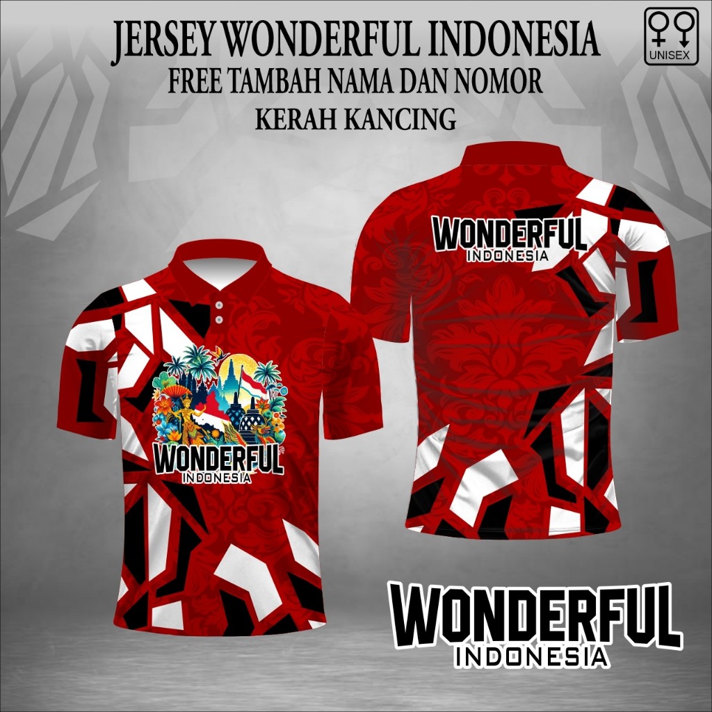 Jersey polo Wonderful Indonesia Baju Olahraga Tema Budaya Kaos Pariwisata Indonesia wonderful