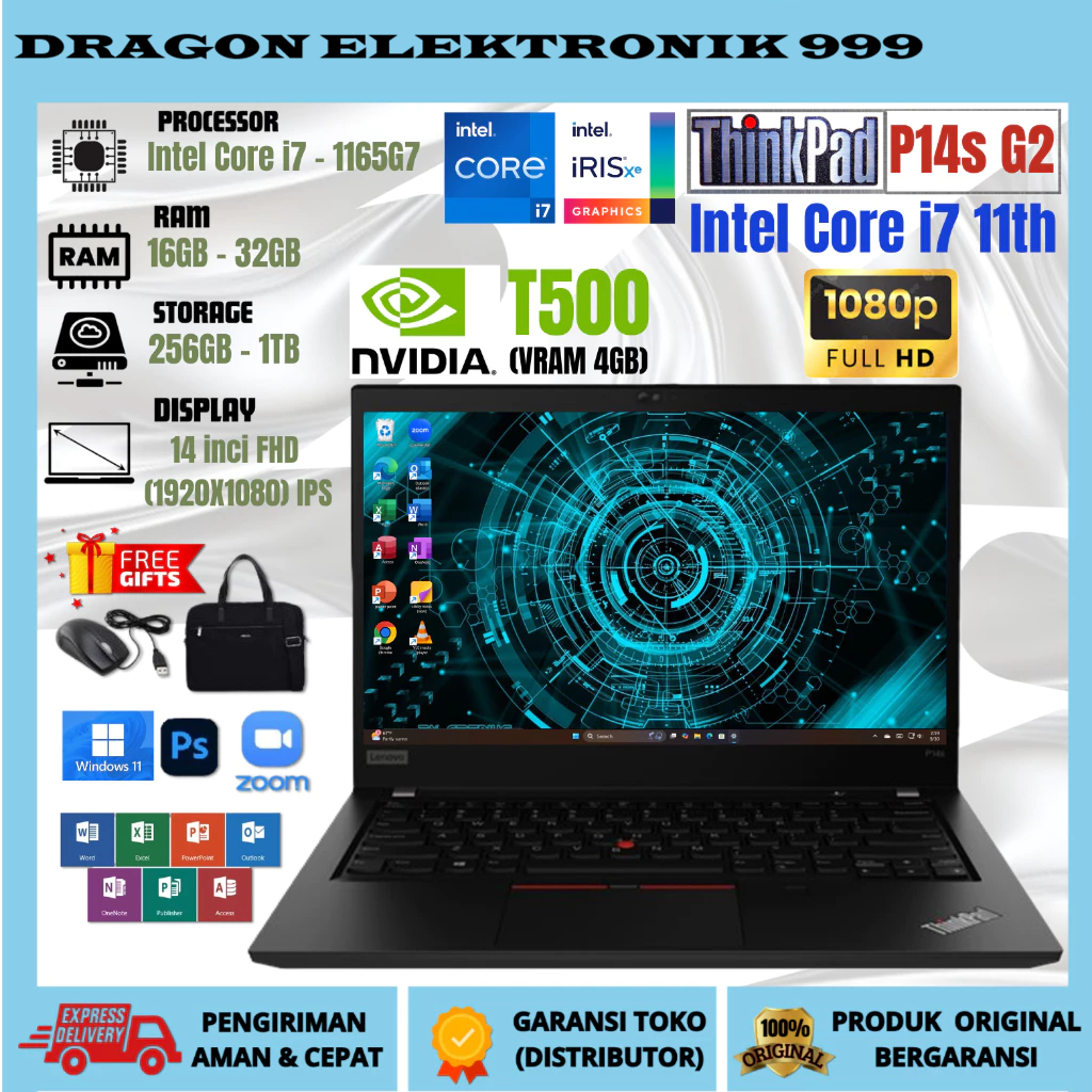 LAPTOP LENOVO THINKPAD P14s Gen2 Intel Core i7 Gen 11 Nvidia RAM 32GB/1TB FREE TAS DAN MOUSE