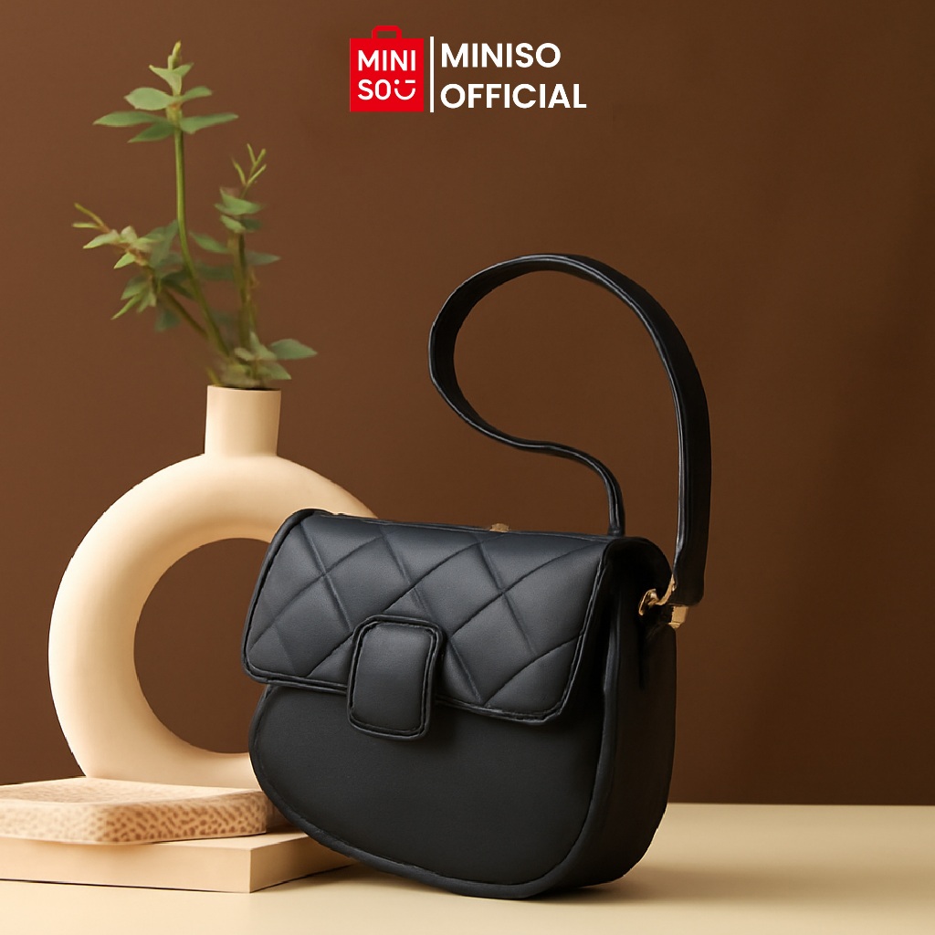 MINISO Shoulder Bag Tas Bahu Wanita Elegent Tas Hitam PVC Fashion Korean Style Vintage Women Bag