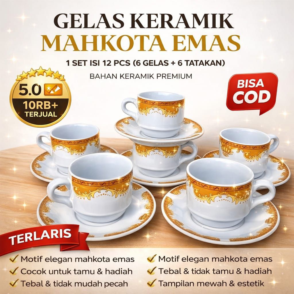 (COD) 1 SET CANGKIR / GELAS KERAMIK MAHKOTA EMAS BERKUALITAS TERLARIS