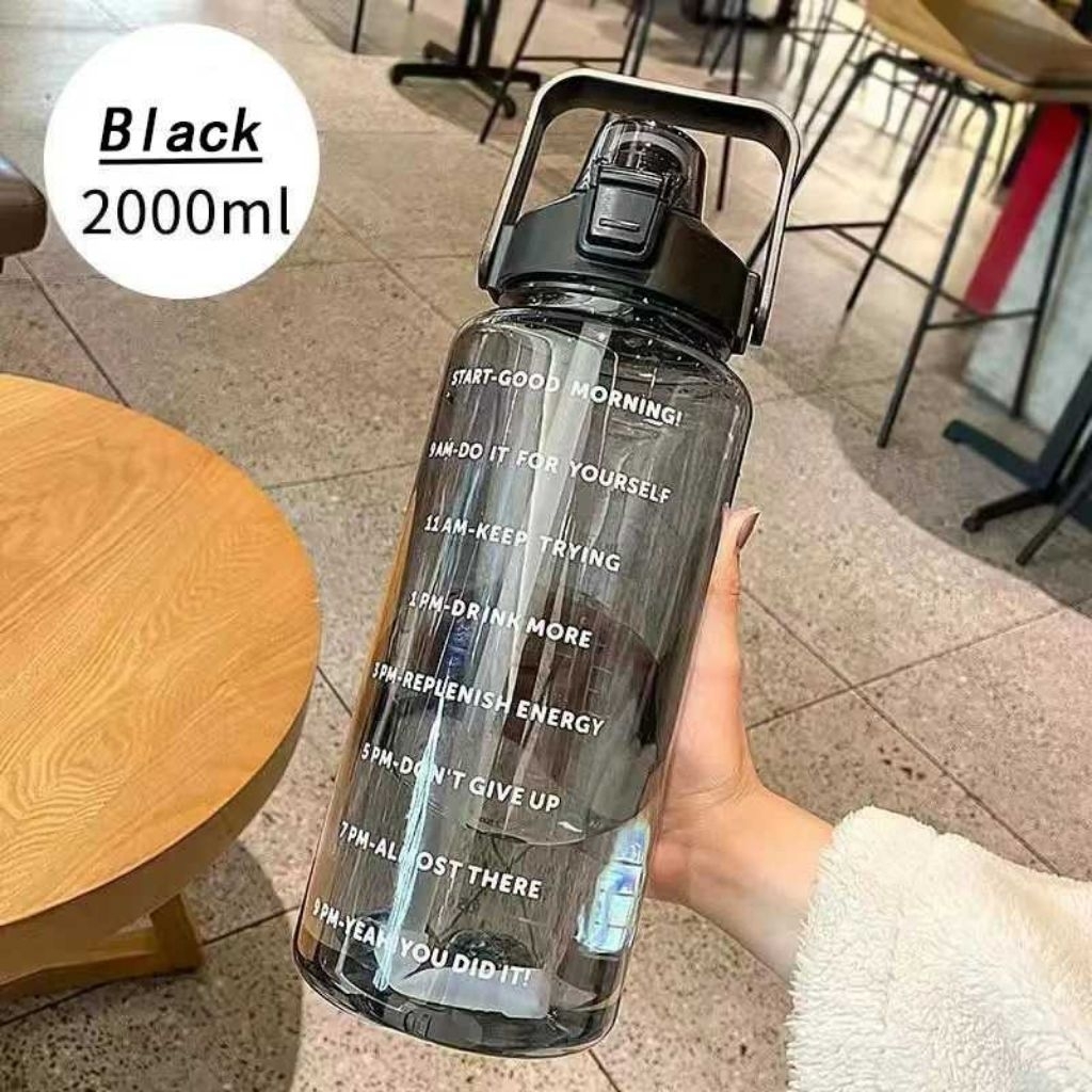 POHAN Botol Minum 2 Liter Jumbo Sport Water Bottle Motivational Time Marker Hitam BPA Free JY0015