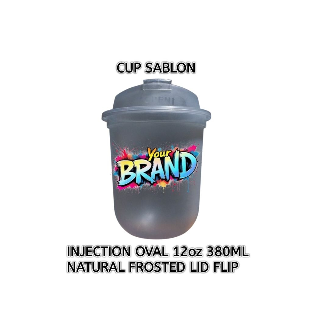 Cup sablon injection 12 oz oval NATURAL FROSTED lid FLIP