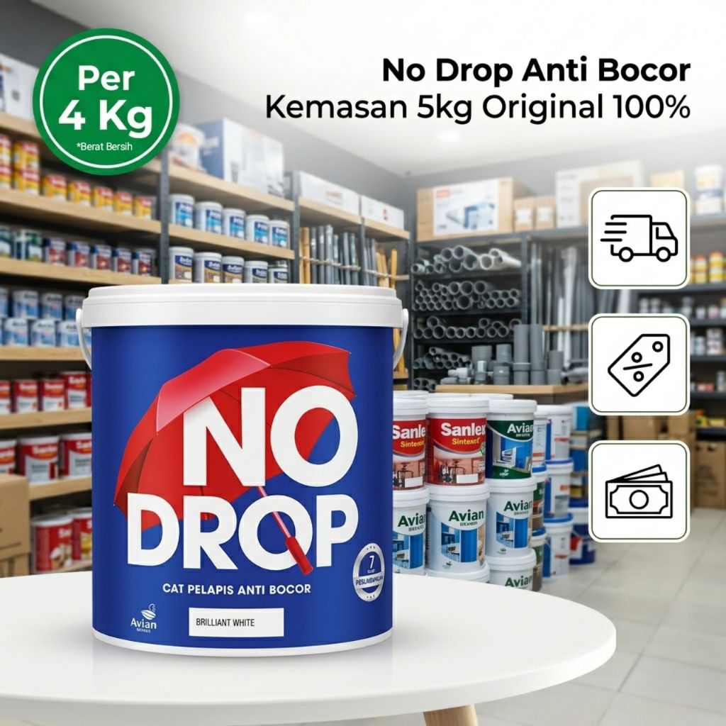 No Drop Anti Bocor Warna Putih Kemasan 5kg Original 100% Cat Pelapis Anti Bocor Berat Bersih 4kg