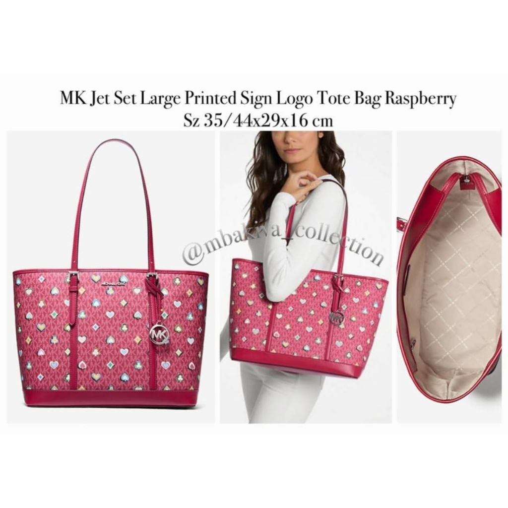 MK Jet Set Large Printed Sign Logo Tote Bag Raspberry