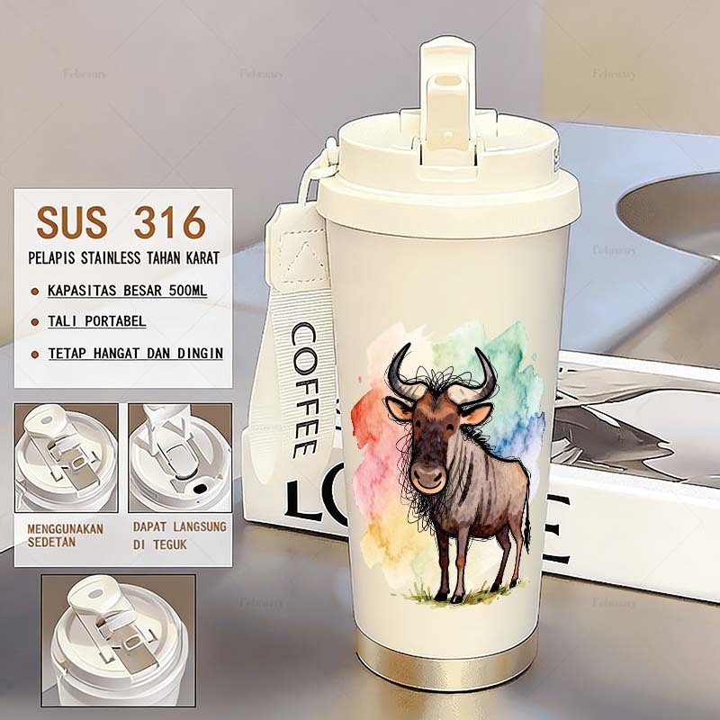Cartoon Wildebeest Tumbler stainless 316 500ML tumbler aesthetic viral lucu cangkir kopi tumbler tah