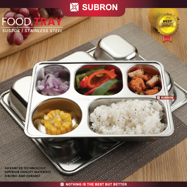 SUBRON Food Tray Plato Tempat Wadah Catering Sayur Makanan Piring Makan Lima Sekat 5 Tutup Stainless