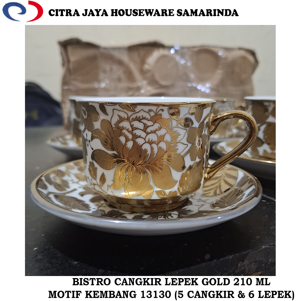Cangkir 210 ML & Lepek Keramik GOLD motif Kembang BISTRO 13130 (5 CANGKIR & 6 LEPEK) PERHATIKAN KOND