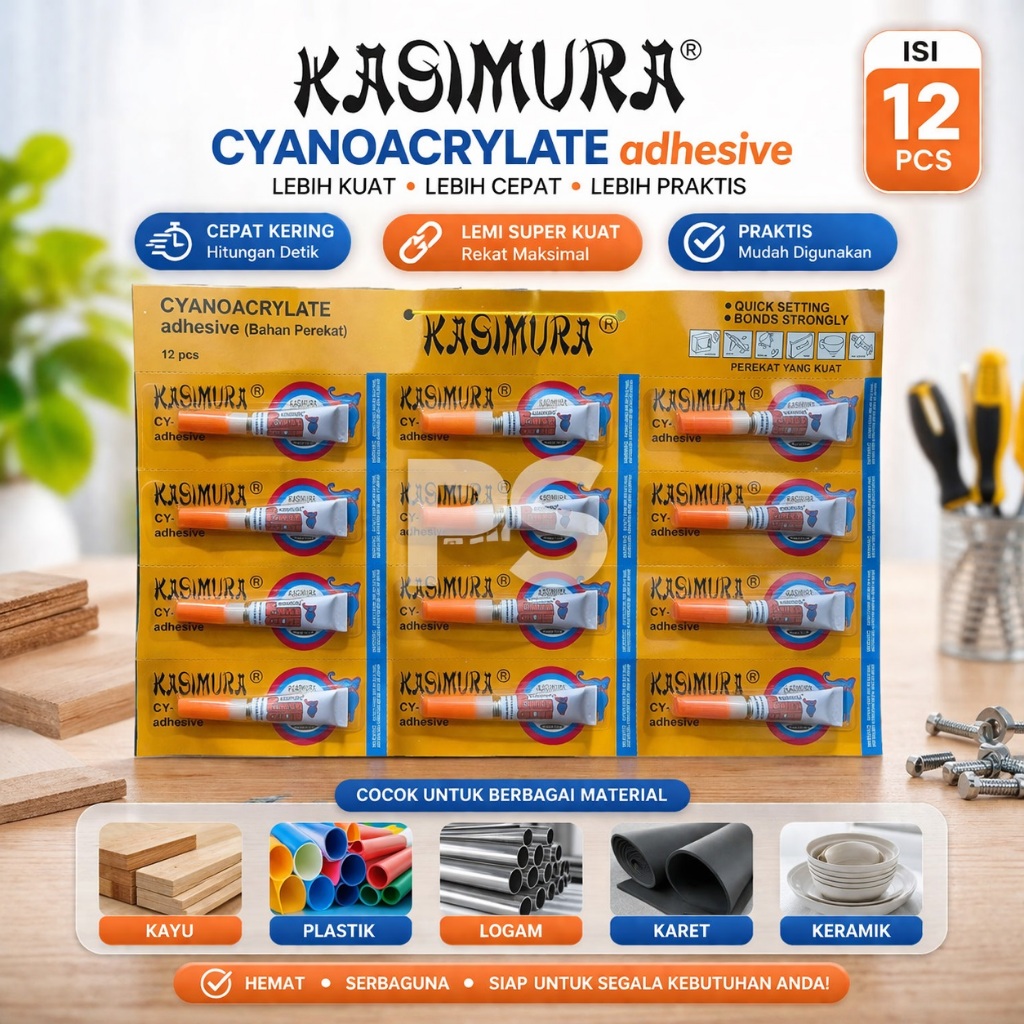 Lem Power Glue Kasimura Cyanoacrylate Adhesive Lem Super Kuat Cepat Kering Isi 12 pcs Multifungsi Ka