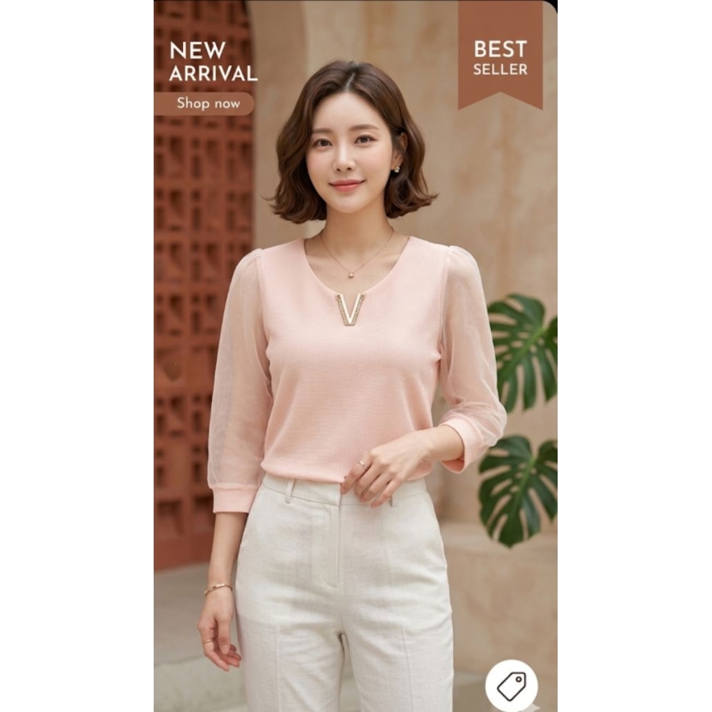 [NEW ARRIVAL] Sister - Blouse V-Neck Textured dengan Lengan Organza