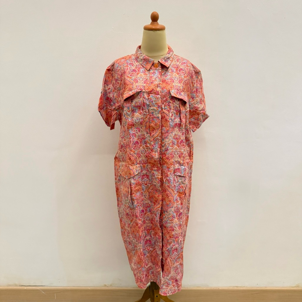 PRELOVED Mamitoko By Desiree Pink Orange Batik Print Short Sleeve Buttons Midi Long Dress Fashion Wa