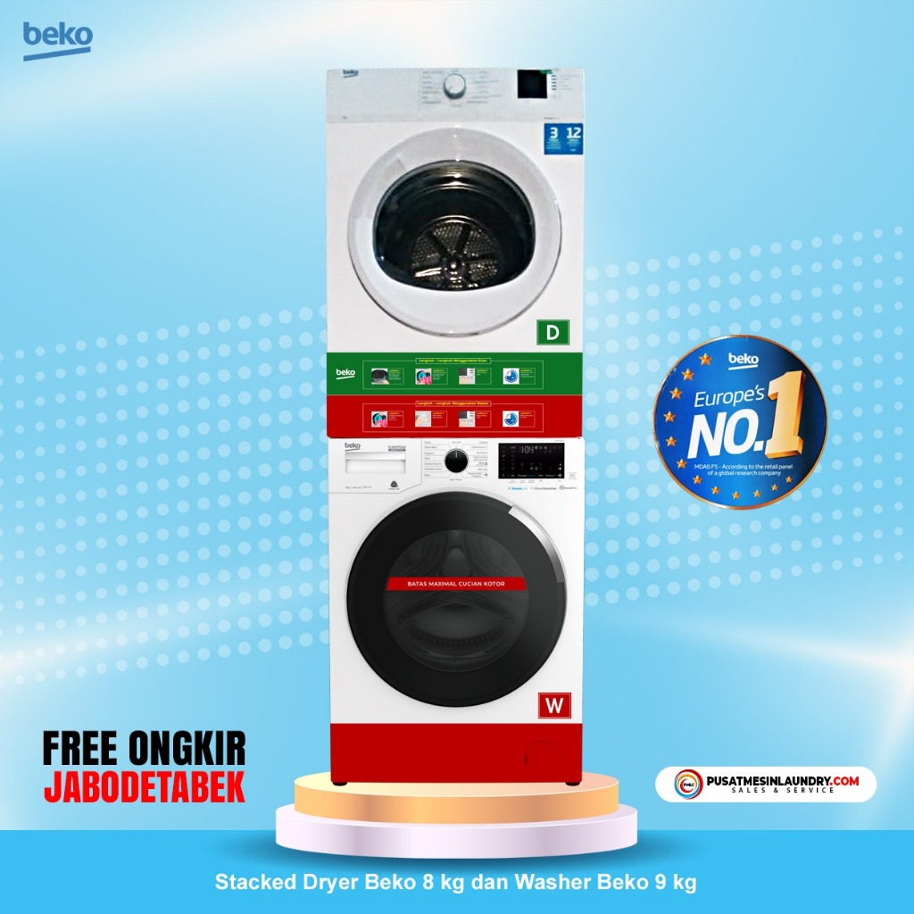 Beko Set Stack Mesin Cuci 9kg 1400RPM & Mesin Pengering 8kg Konversi Gas BB9
