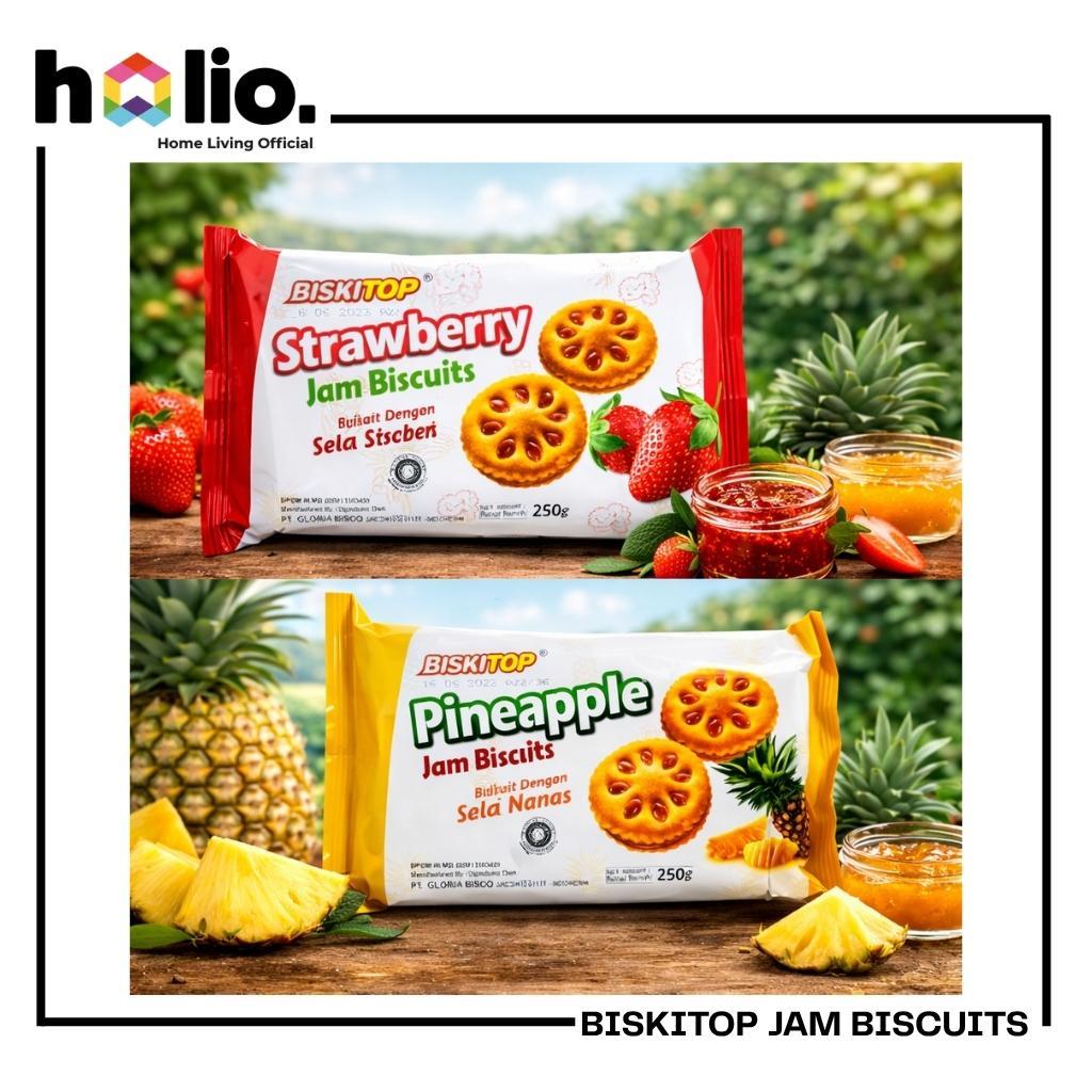 Holio Gloria Biskitop Jam Biscuit 250g – 2 Varian Selai Pineapple & Strawberry, Biskuit Renyah Nikma