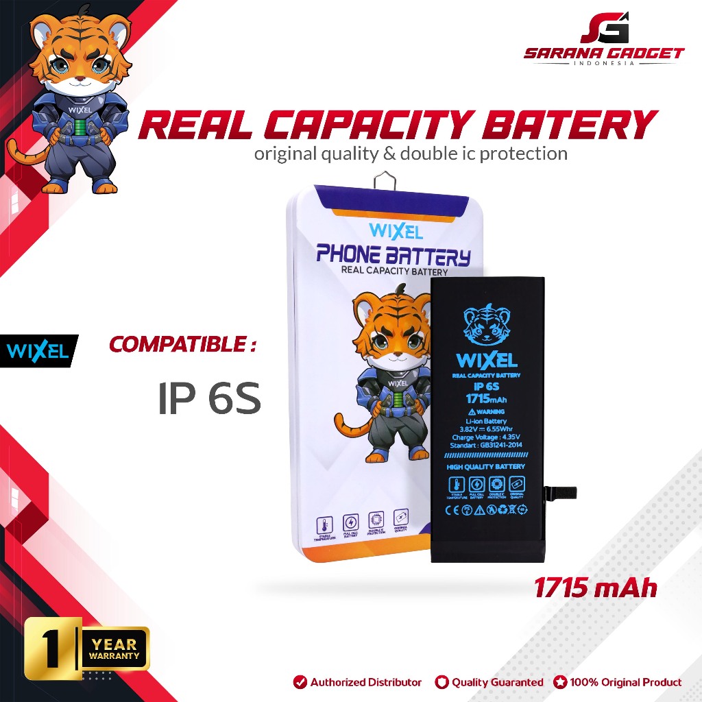 WIXEL ORIGINAL Baterai Ip 6S Real Capacity Battery Double Power Dual IC Protection Batre Batrai HP H