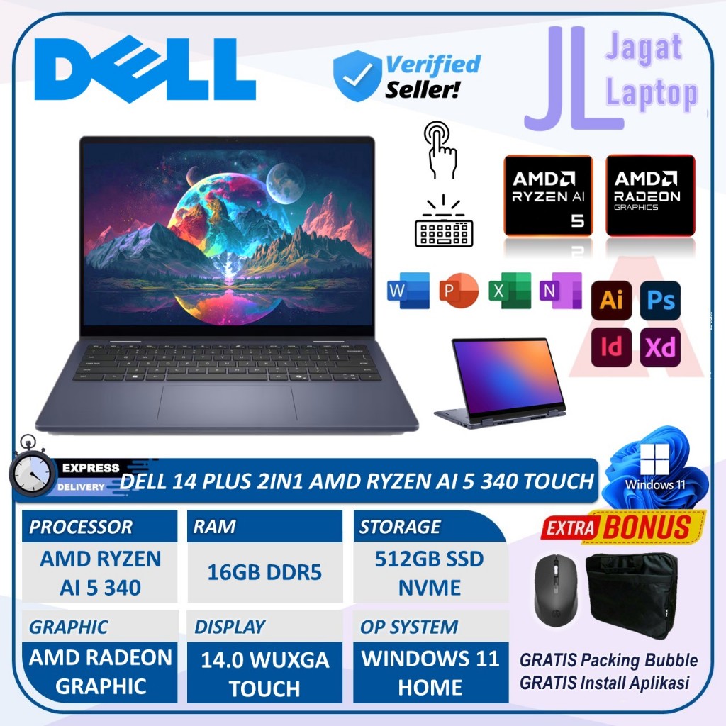 Laptop Dell 14 Inch 2in1 Touchscreen Ryzen AI 5 340 RAM 16GB SSD 512GB WUXGA Tipis Kencang Terbaru