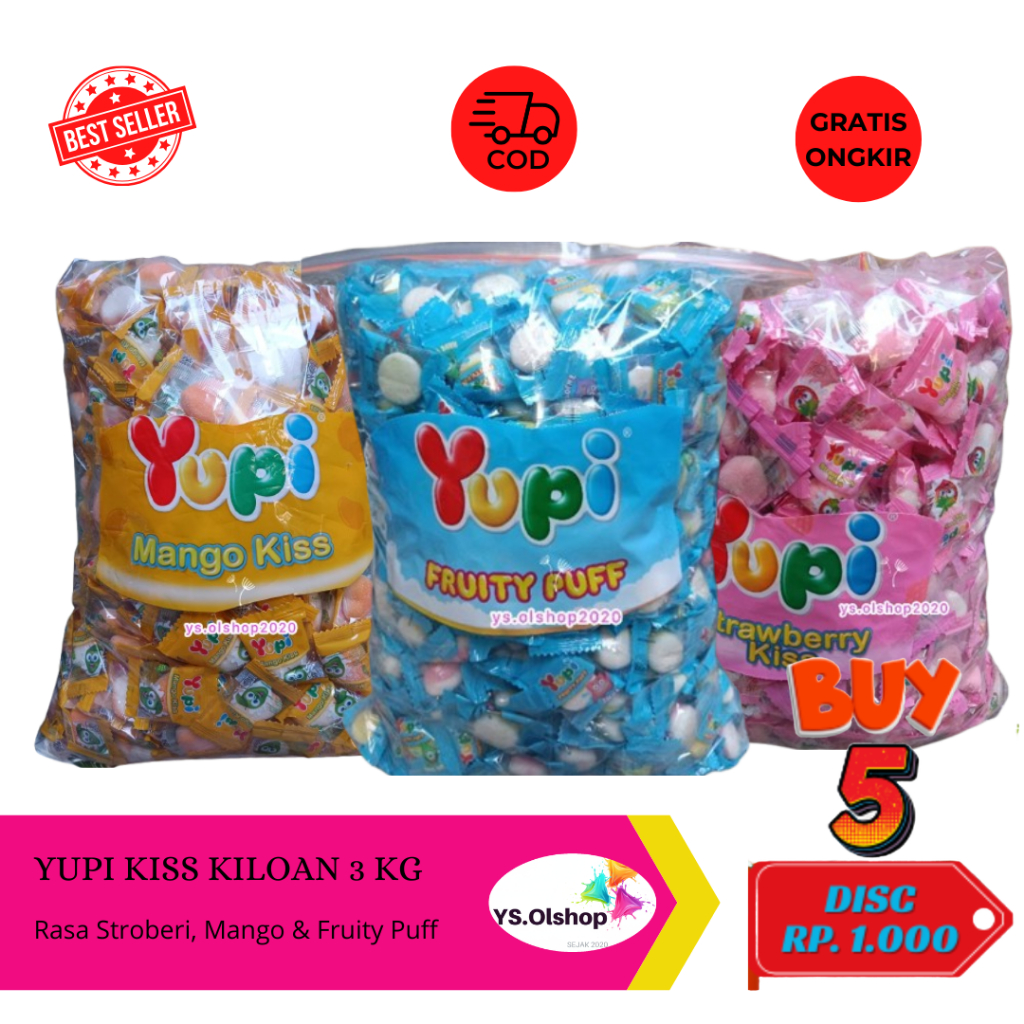 Yupi 1 Ball isi 3Kg Yupi kiss Strawberry, Mango Kiss & Fruity Puff Kiloan asli Pabrik