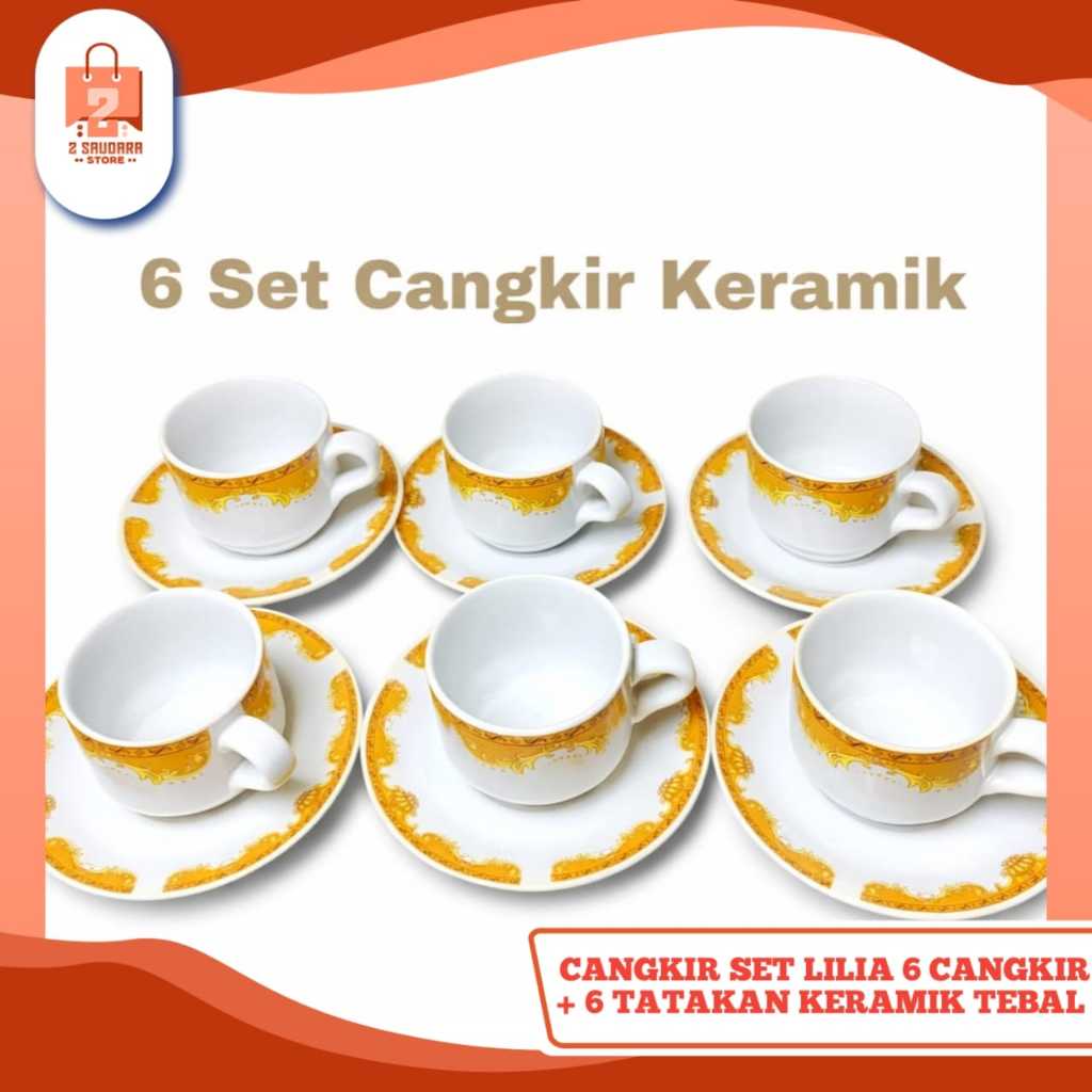 Set Cangkir Mahkota Lilia Isi 6 / Gelas Keramik Motif Mahkota