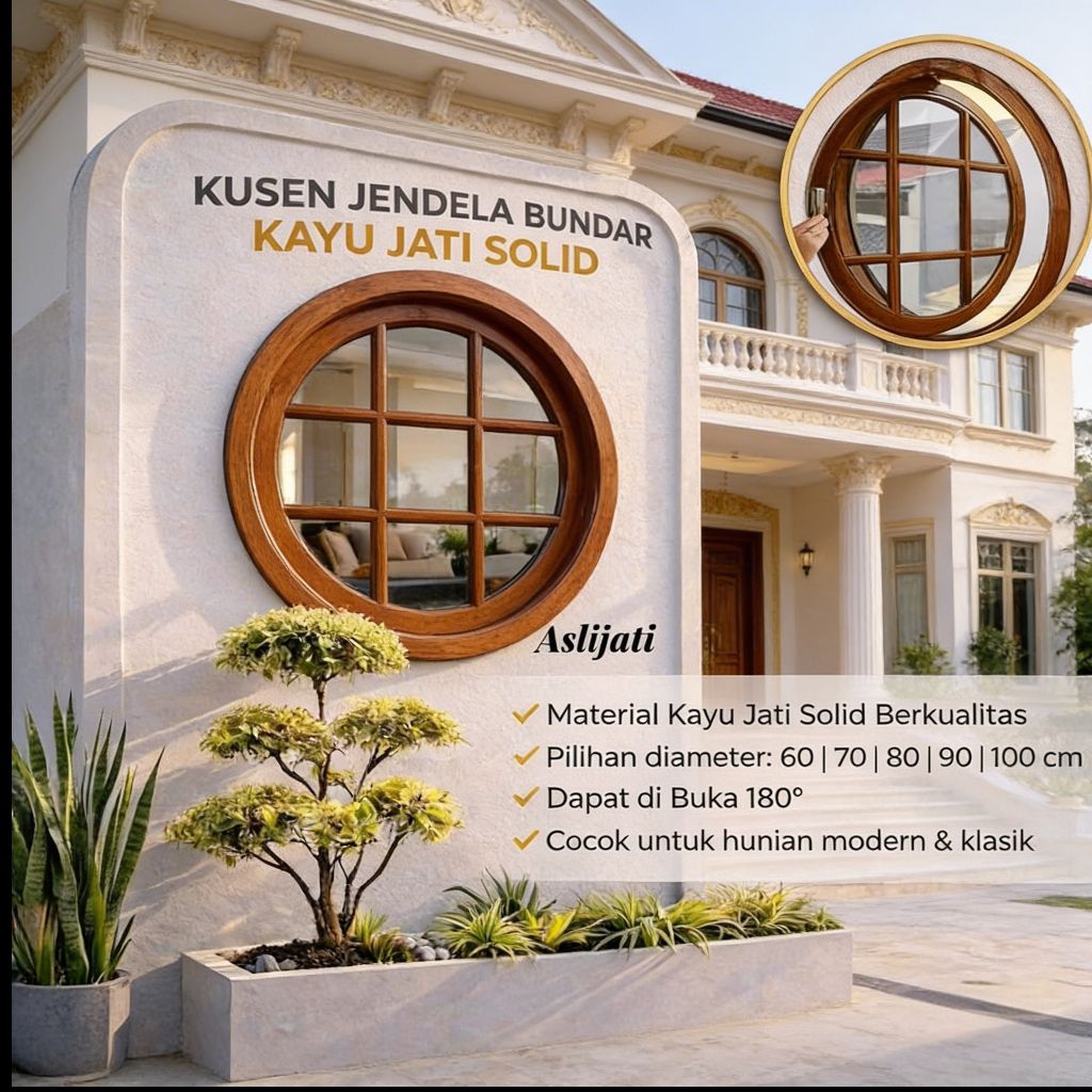 jendela bulat putar  kayu jati solid KS4- diameter 70 cm