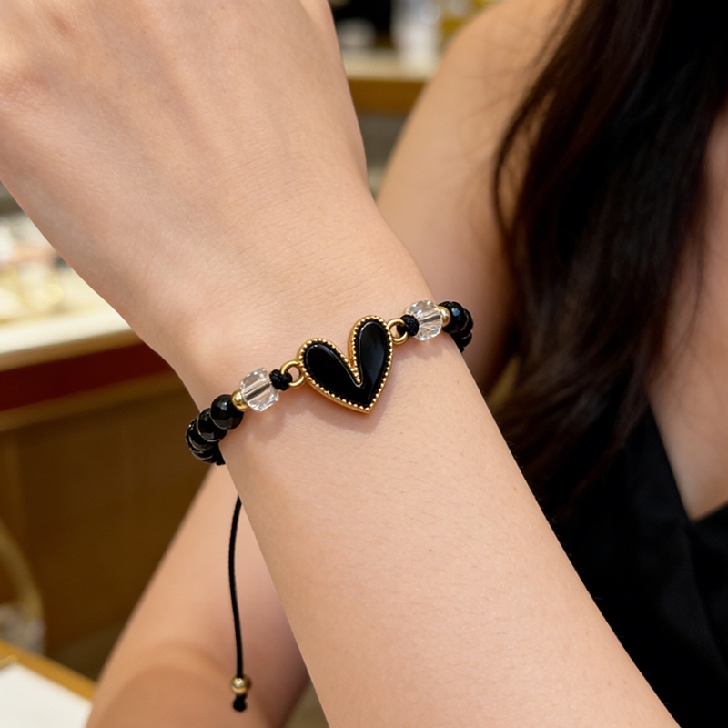 Gelang Tali Hitam Wanita Aesthetic, Gelang Hati Hitam Dapat Disesuaikan, Gelang Tali Anti Karat untu