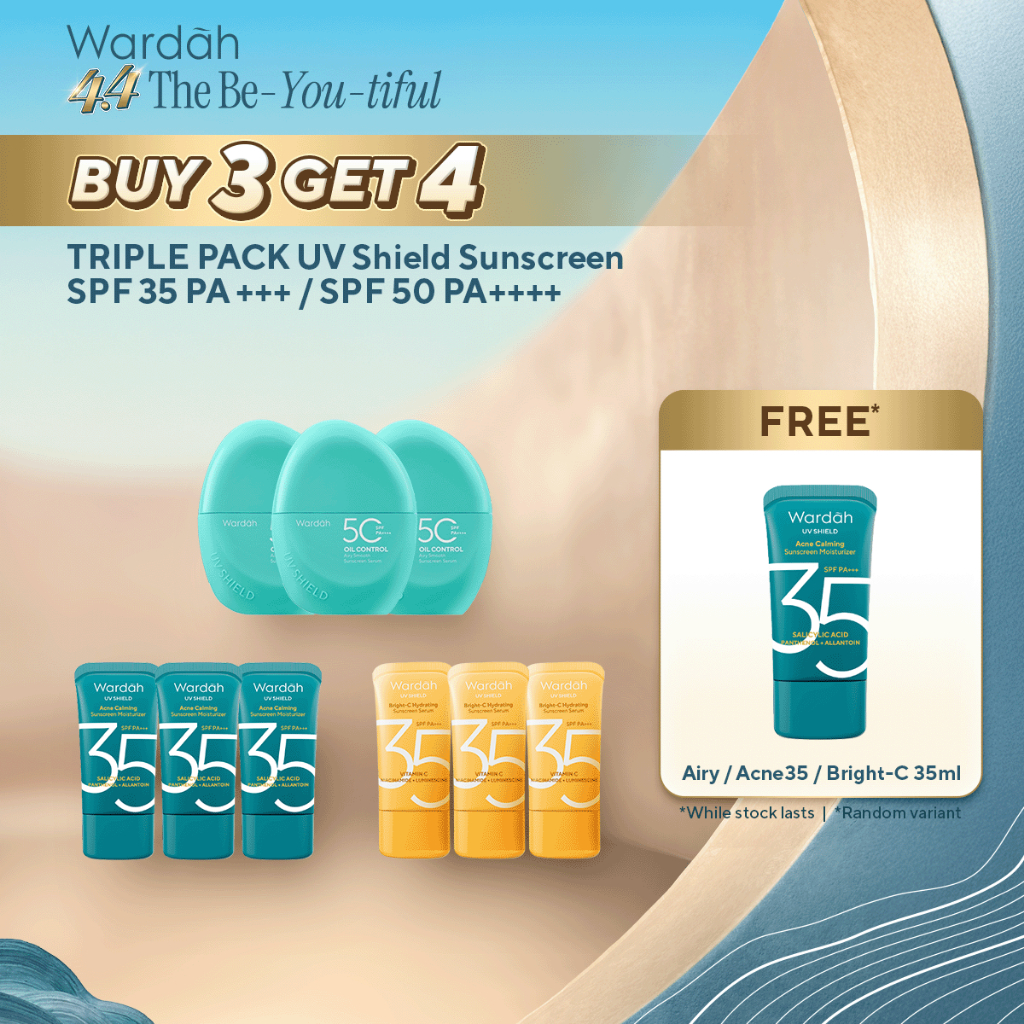 Wardah Sunscreen UV Shield Triple Pack Buy 3 Get 4 SPF 35 PA +++ / SPF 50 PA++++ (Airy Smooth, Essen