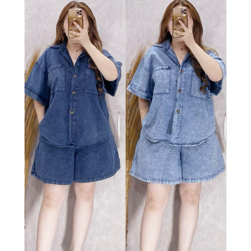 SETELAN HP KEMEJA JEANS POLOS WANITA - SETELAN CELANA PENDEK SANTAI - SETELAN DENIM JEANS CEWEK 0865