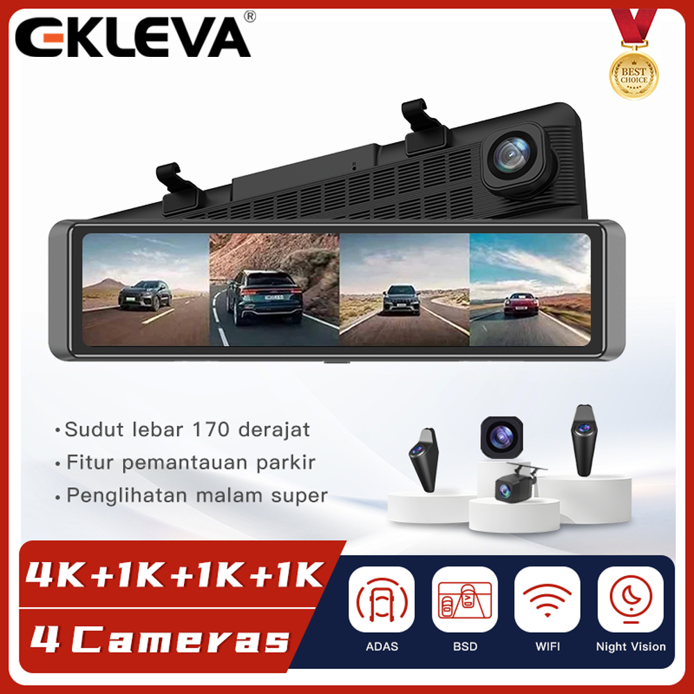 EKLEVA Dashcam Mobil 4 Kamera 11.26 Inci 4K UHD Layar Sentuh DVR Mobil ADAS BSD Support Android IOS