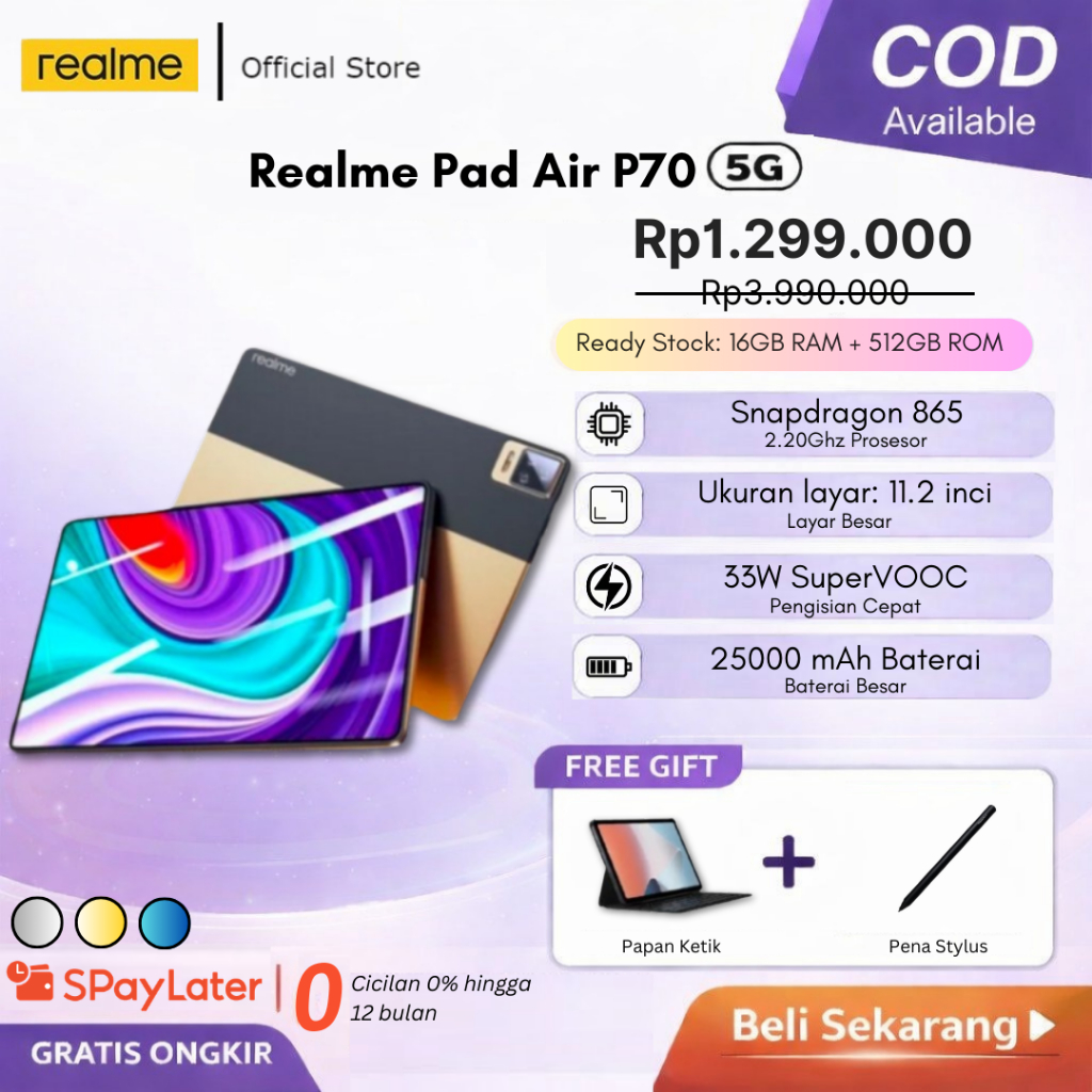 (NEW) Realme Pad X LITE Andriod Tablet Snapdragon 865 16GB + 512GB 11.2 Inch | Dual SIM WiFi 2.4/5G