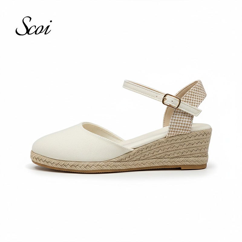 SCOI Sepatu Wedges Wanita Cream Kanvas Espadrilles Tali Ankle Elegan