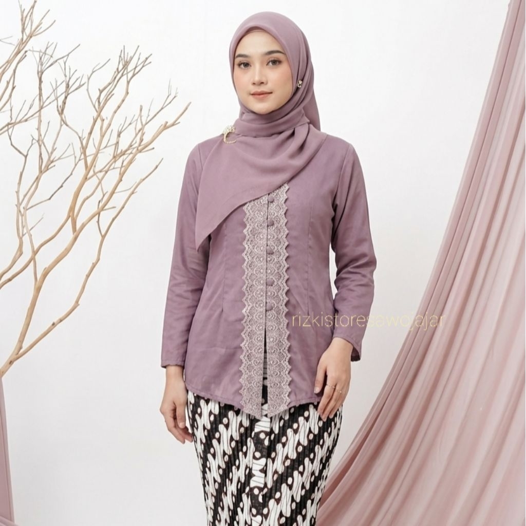 [Bisa Instant] 1 Set Kebaya + Rok Kebaya Encim Salem Biru Navy Pink Bordir Tangan Panjang Warna Leng
