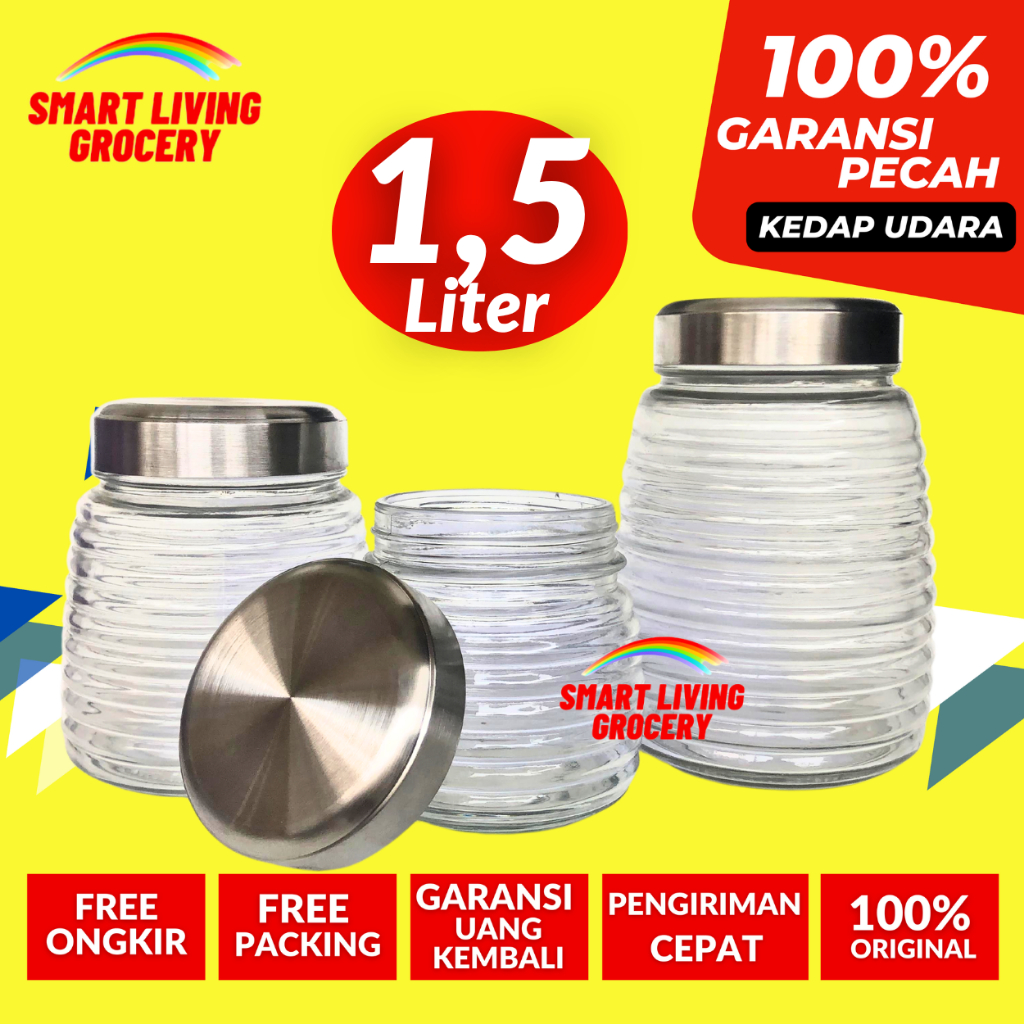 TOPLES KACA KEDAP UDARA 1,5 LITER TUTUP STAINLESS STEEL ULIR JAR TEMPAT WADAH PENYIMPANAN KEDAP UDAR