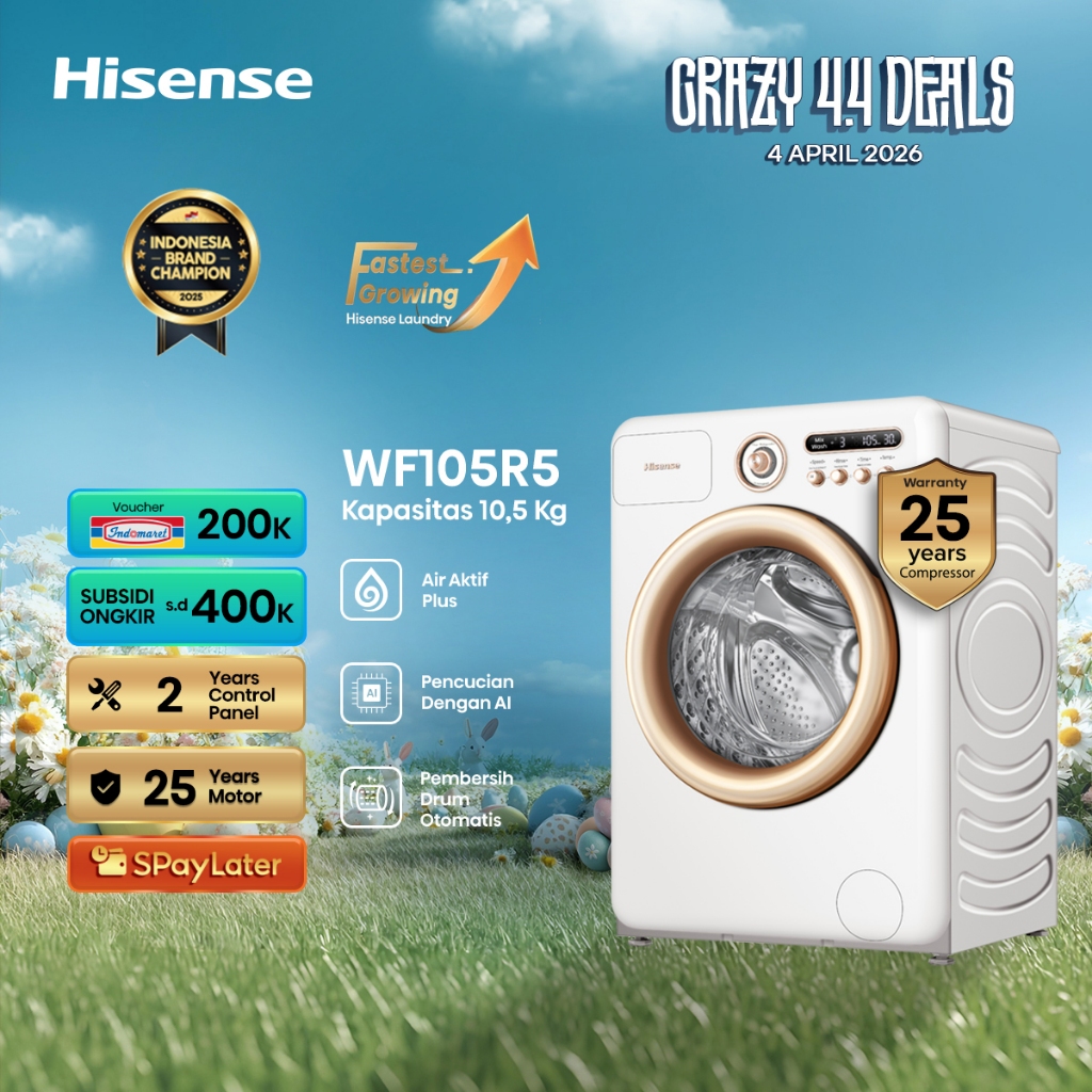 Hisense Mesin Cuci WF105R5 Front Loading Kapasitas 10.5KG 1 Tabung Bukaan Depan Active Water Plus (B