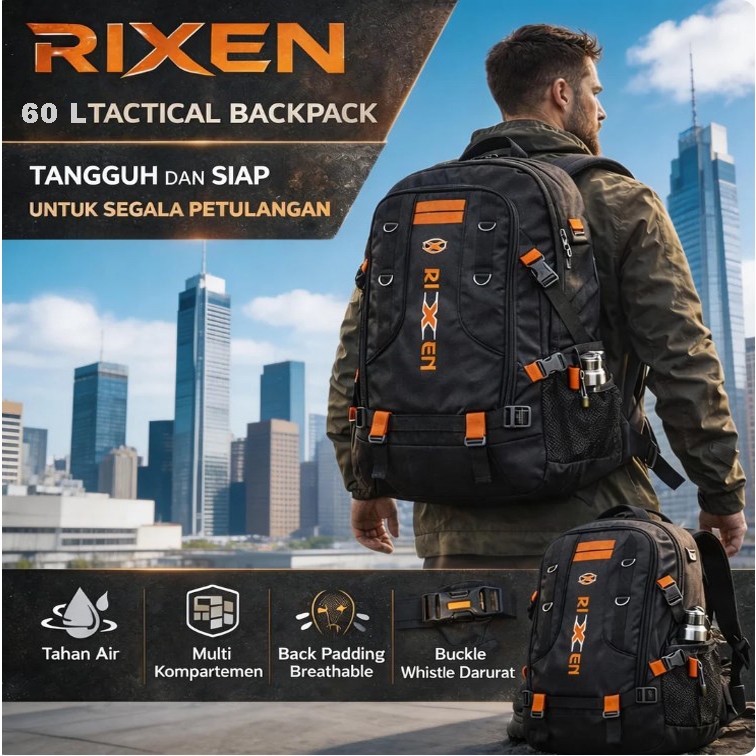 Tas Ranse Pria 60L |  mountain backpack | Polyester Nylon | Praktis Modern Hitam | Mudik & Camping