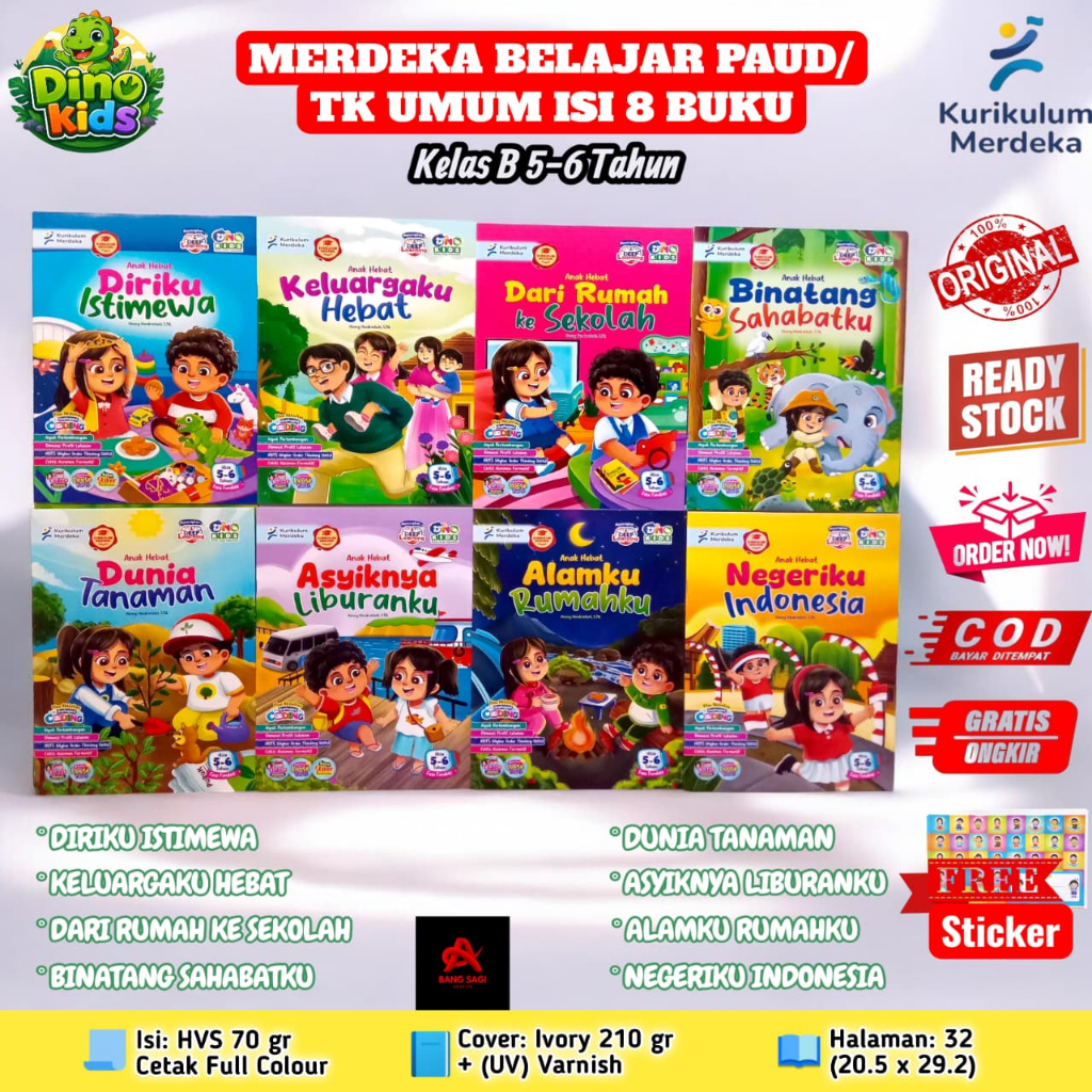 tematik kurikulum merdeka dino kids paud tk umum A dan B isi 8 buku free stiker penilaian dino kids
