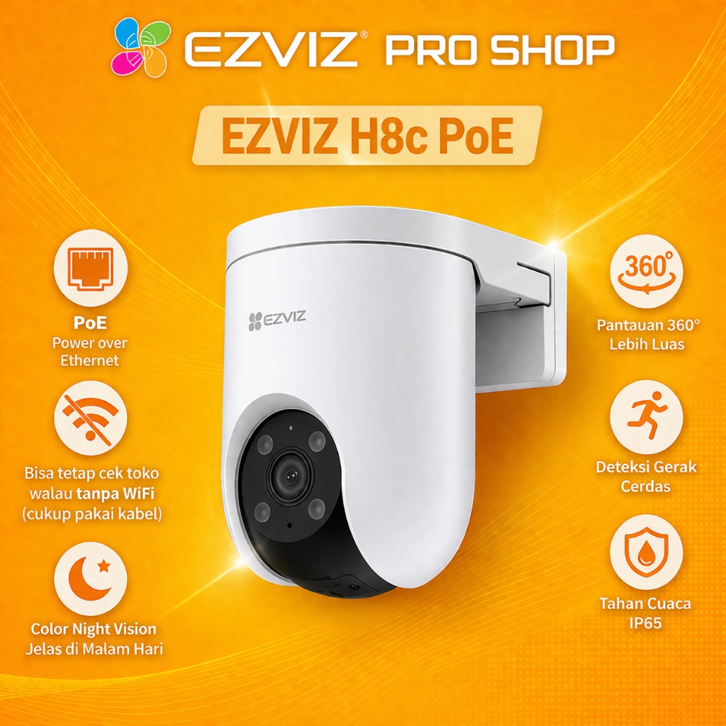 Ezviz H8C PoE 3MP 2K Pan Tilt Color Night Indoor Outdoor Mini UPS Garansi Resmi