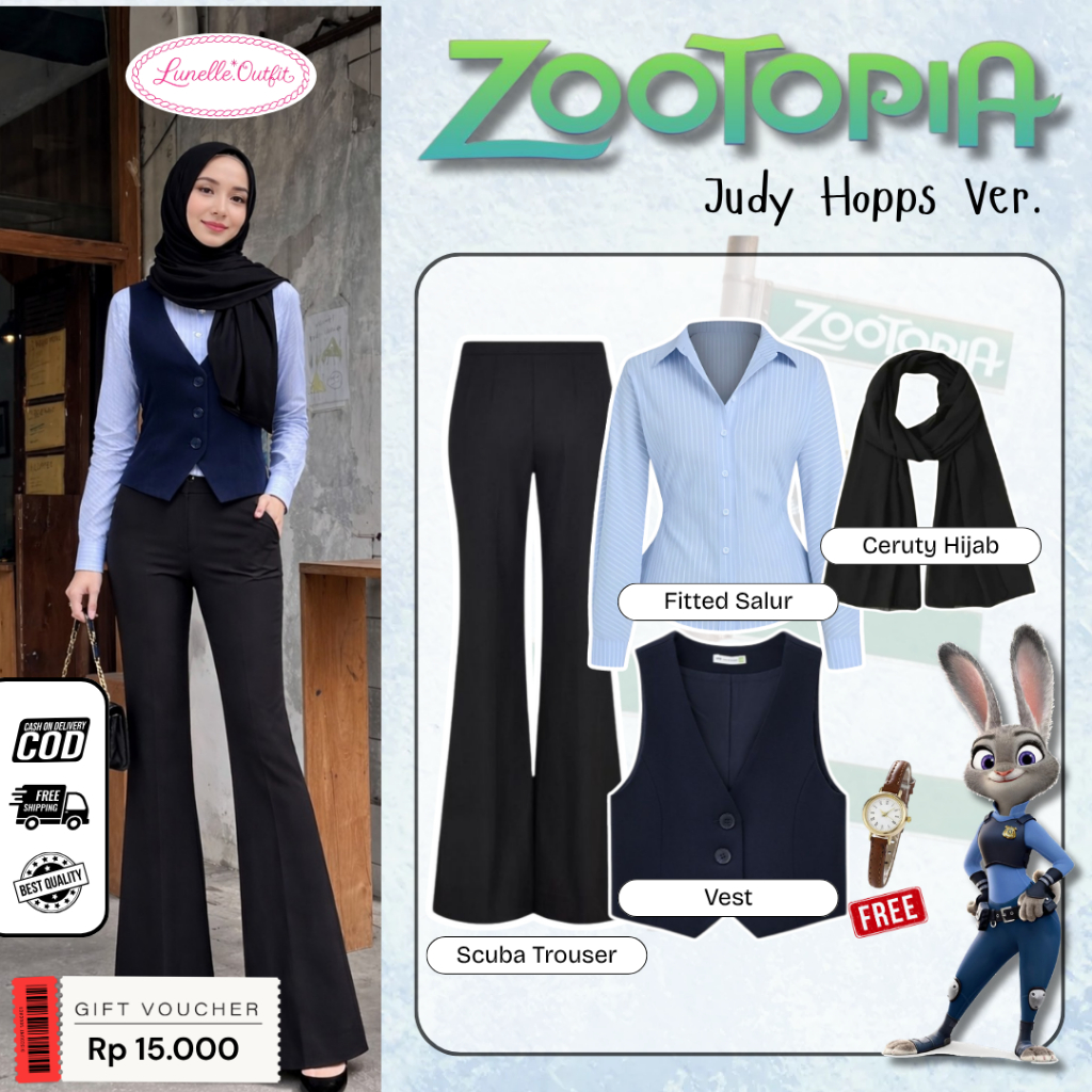 One Set 4in1 Yearbook Zootopia (Kemeja+Vest+Celana+Hijab+FREE Jam Tangan) Cosplay Judy Hopps LO066