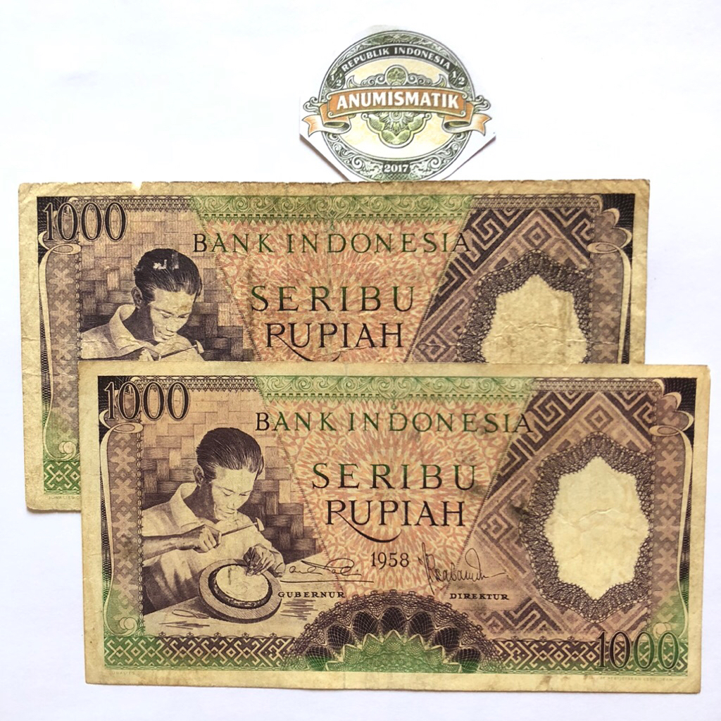 Uang Kertas Kuno 1000 Rupiah Tahun 1958 Seri Pekerja Kondisi Bagus Xf - Vf Original Nostalgia Koleks