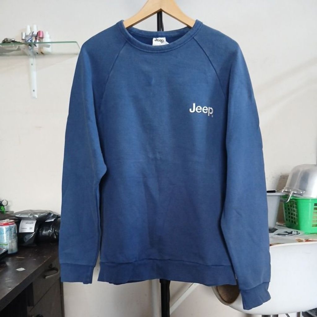 Crewneck long sleeve katun tebal warna biru pekat kerah kencang logo bordir JEEP second Original siz