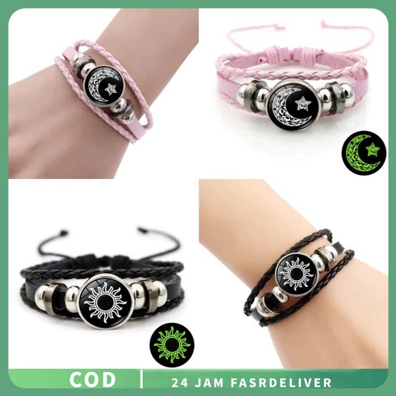 Gelang Pasangan Multi-Lapisan Gelang Couple Bulan Matahari Kulit Dikepang Gelang Couple Bulan