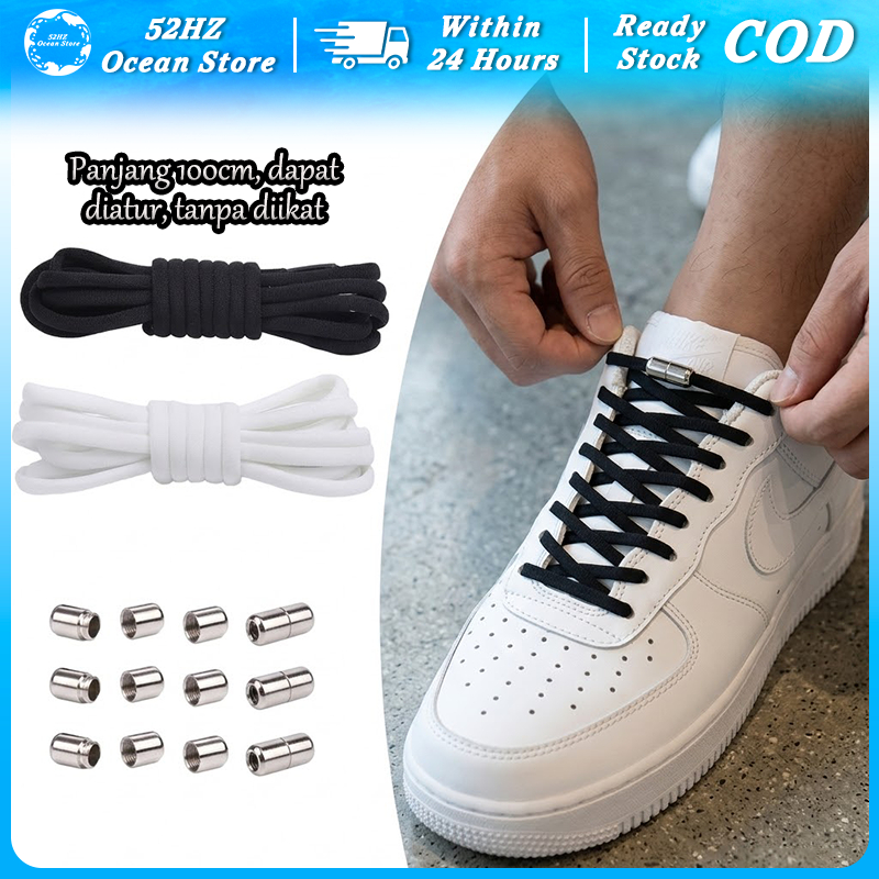 Lock Laces Tali Sepatu Elastis Tanpa Ikat Karet Hitam Putih Otomatis Kunci Logam Sepatu Basket Pria
