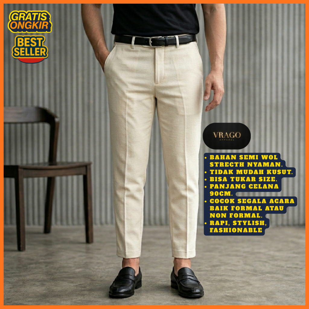 VRAGO -  Celana Pria Formal Ankle Pants Bahan Semi Wol Premium Slimfit Casual Krem Size 27-38