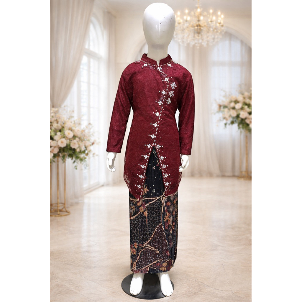 Kebaya janggan anak set rok plisket batik kebaya anak perempuan 4-12 tahun kebaya wisuda payet broka