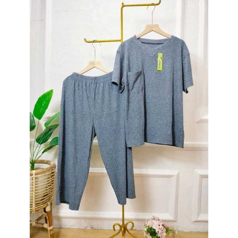 ONE SET KNIT IMPORT OVERSIZE || SETELAN CELANA KNIT JUMBO 7/8 Setelan Knit Wanita Lengan Pendek 7/8 