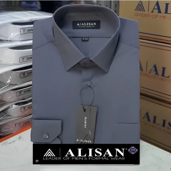 Kemeja Alisan Pria Formal Abu6 Slim Fit Polos Lengan Panjang - Kualitas Premium Warna Abu Tua Abu Mu