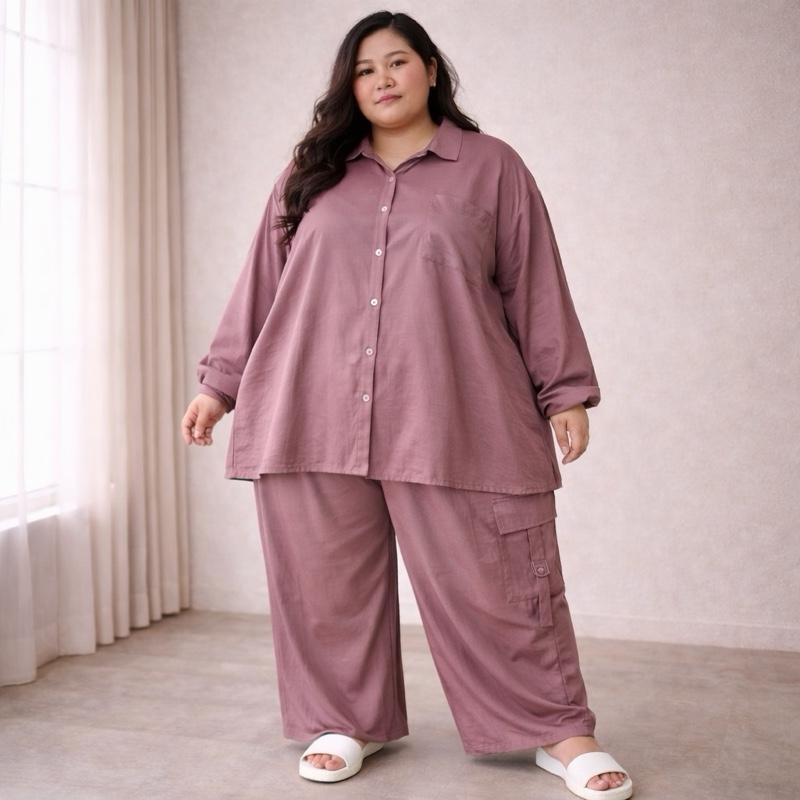 BB 90-130kg Setelan Jumbo MAUDYY  LD 150 cm  Celana Cargo Pololinen  Panjang Kulot Kancing Adem Keki