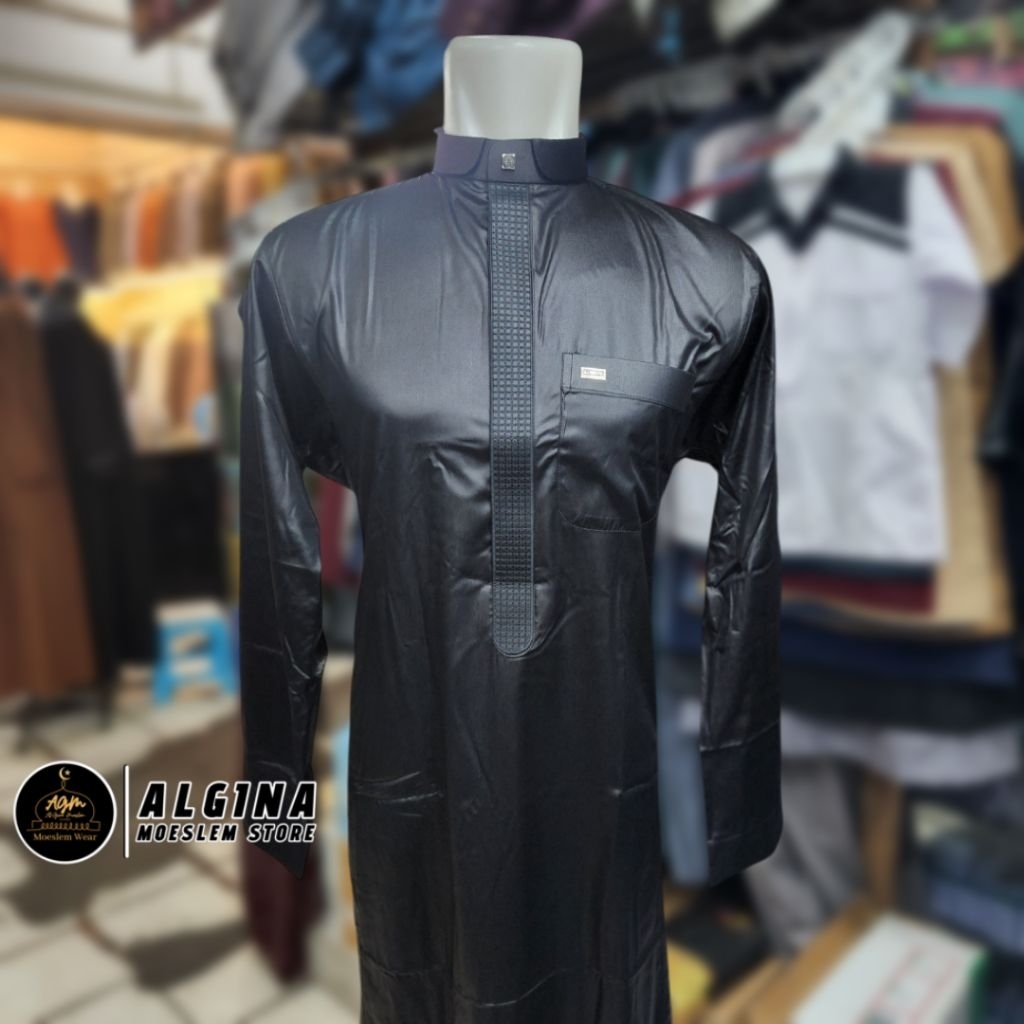 Gamis Al Wafa Hitam Lengan Panjang Cuff Bahan Satin Korea Bordir Resleting | Jubah Muslim Lengan Pan